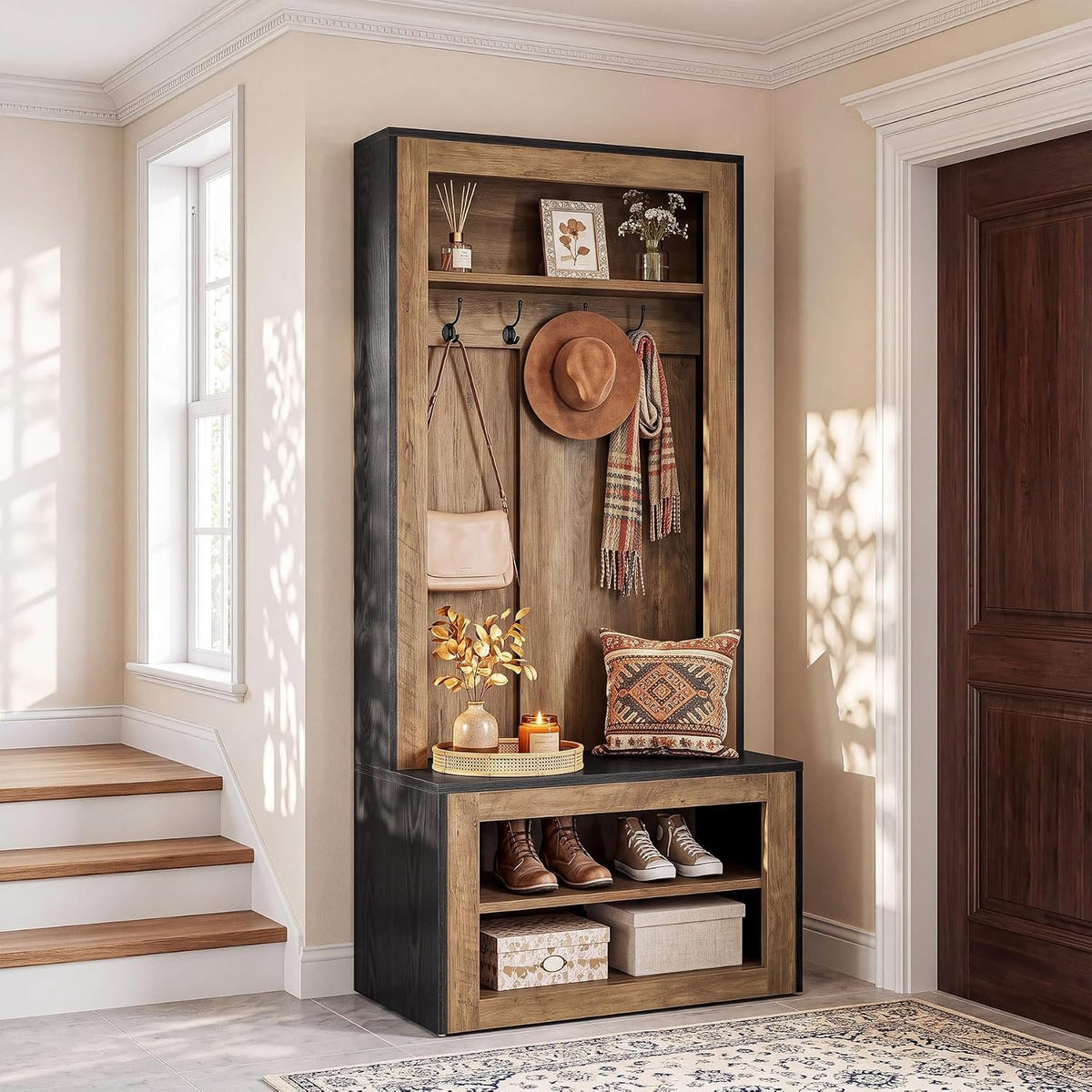 180cm Hall Tree, Farmhouse Coat Rack with Shoe Bench & 4 Hooks for Entryway