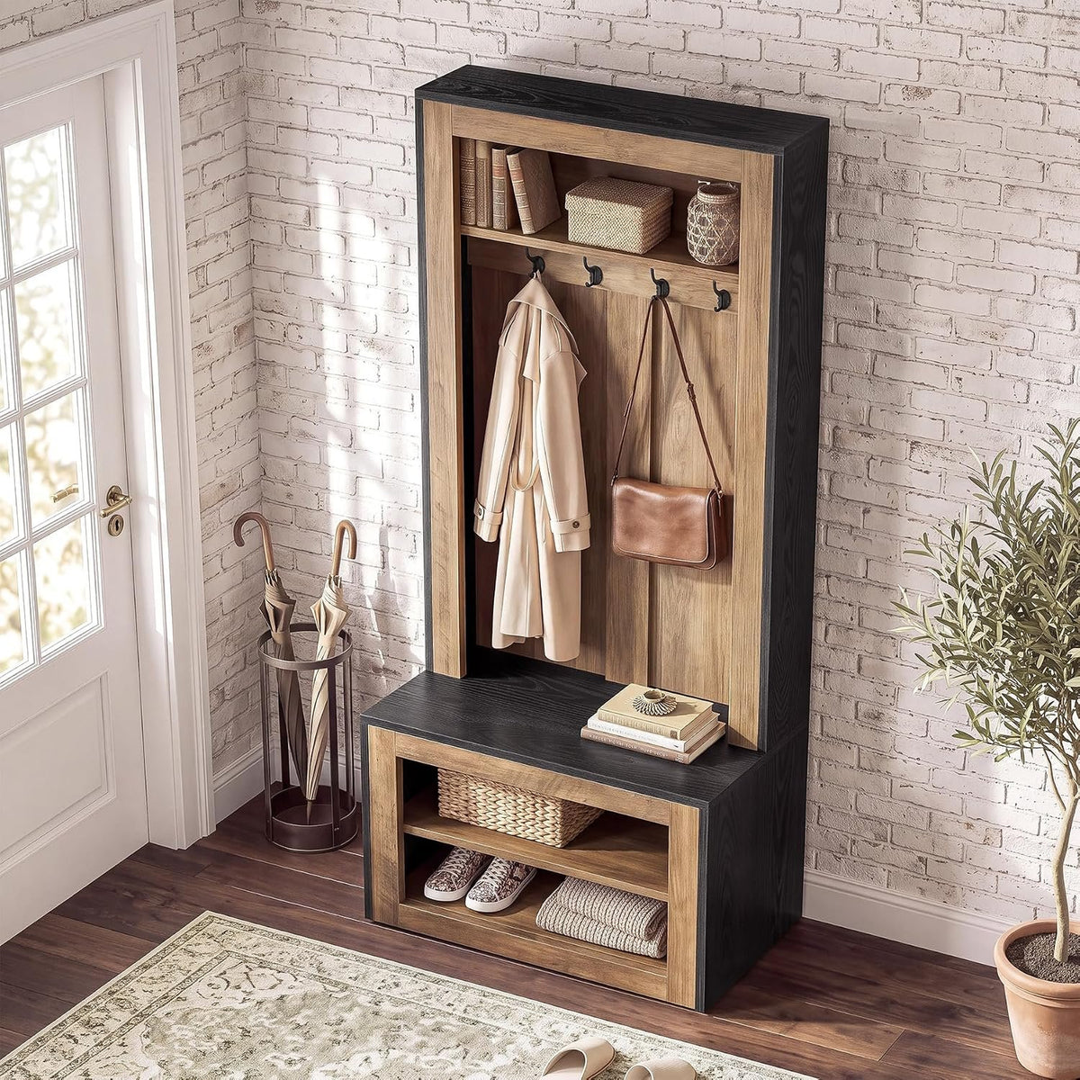 180cm Hall Tree, Farmhouse Coat Rack with Shoe Bench & 4 Hooks for Entryway