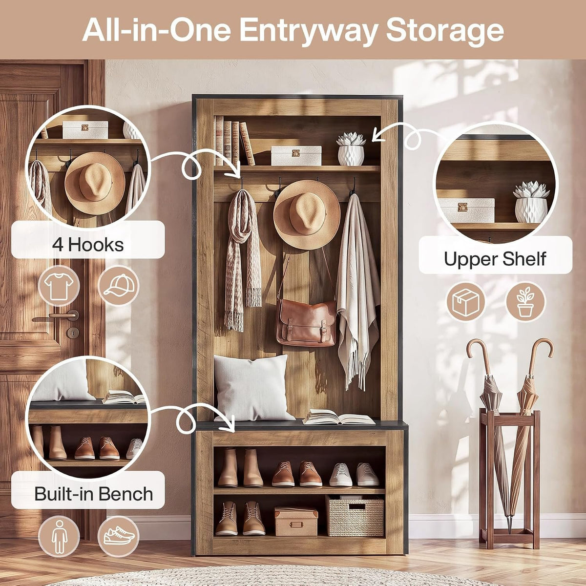 180cm Hall Tree, Farmhouse Coat Rack with Shoe Bench & 4 Hooks for Entryway