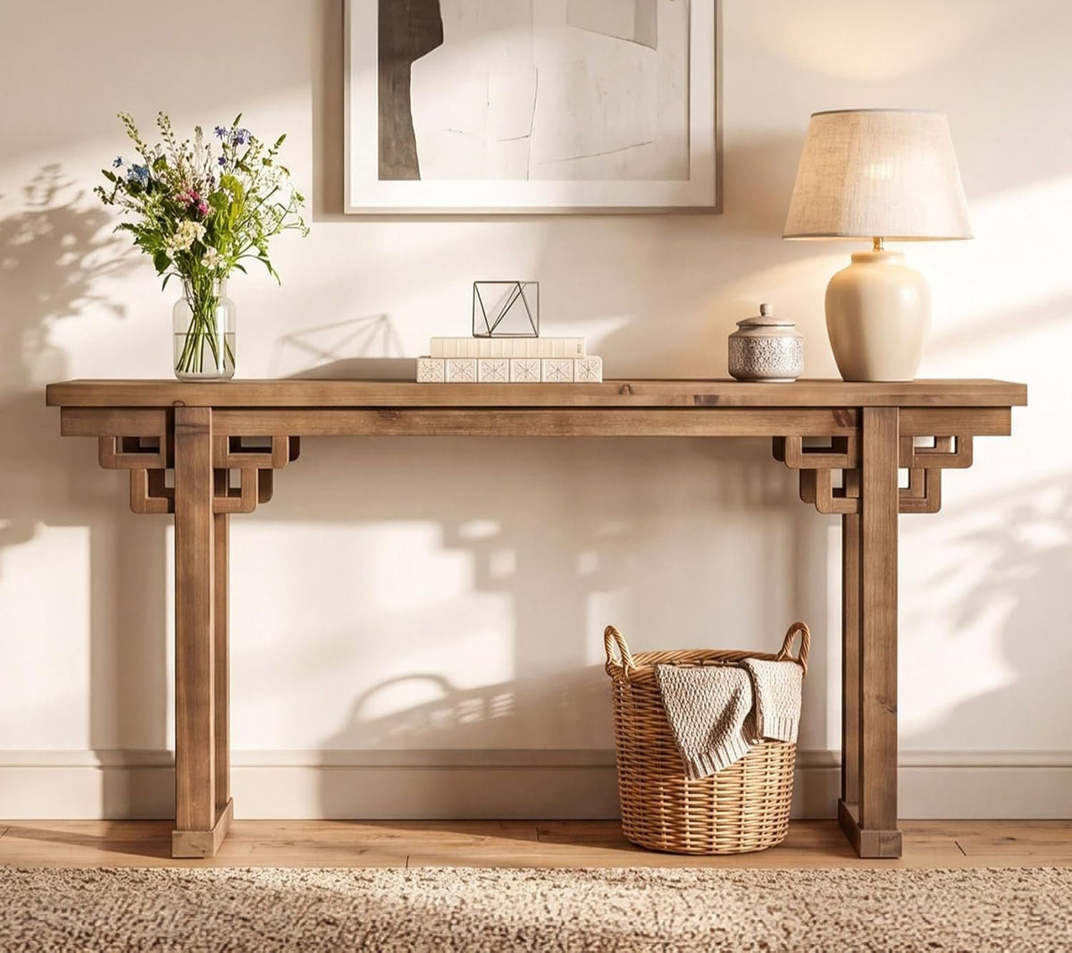 160cm Farmhouse Console Table, Solid Wood Entryway Table with Thick Carved Legs