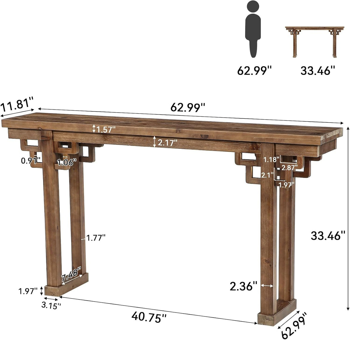 160cm Farmhouse Console Table, Solid Wood Entryway Table with Thick Carved Legs