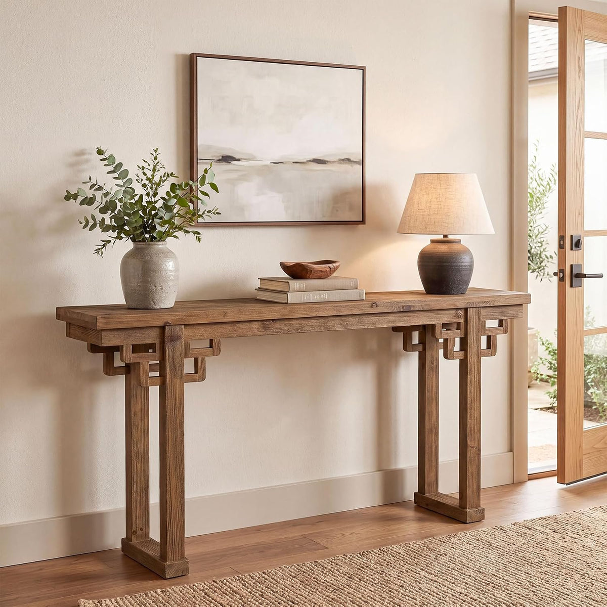 160cm Farmhouse Console Table, Solid Wood Entryway Table with Thick Carved Legs