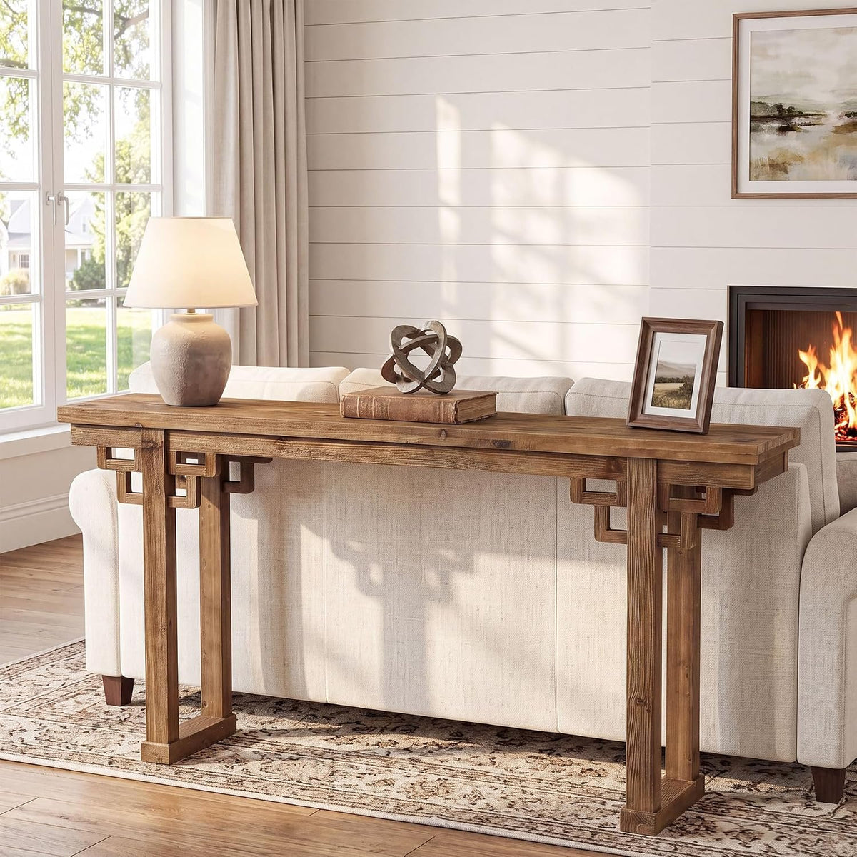 160cm Farmhouse Console Table, Solid Wood Entryway Table with Thick Carved Legs