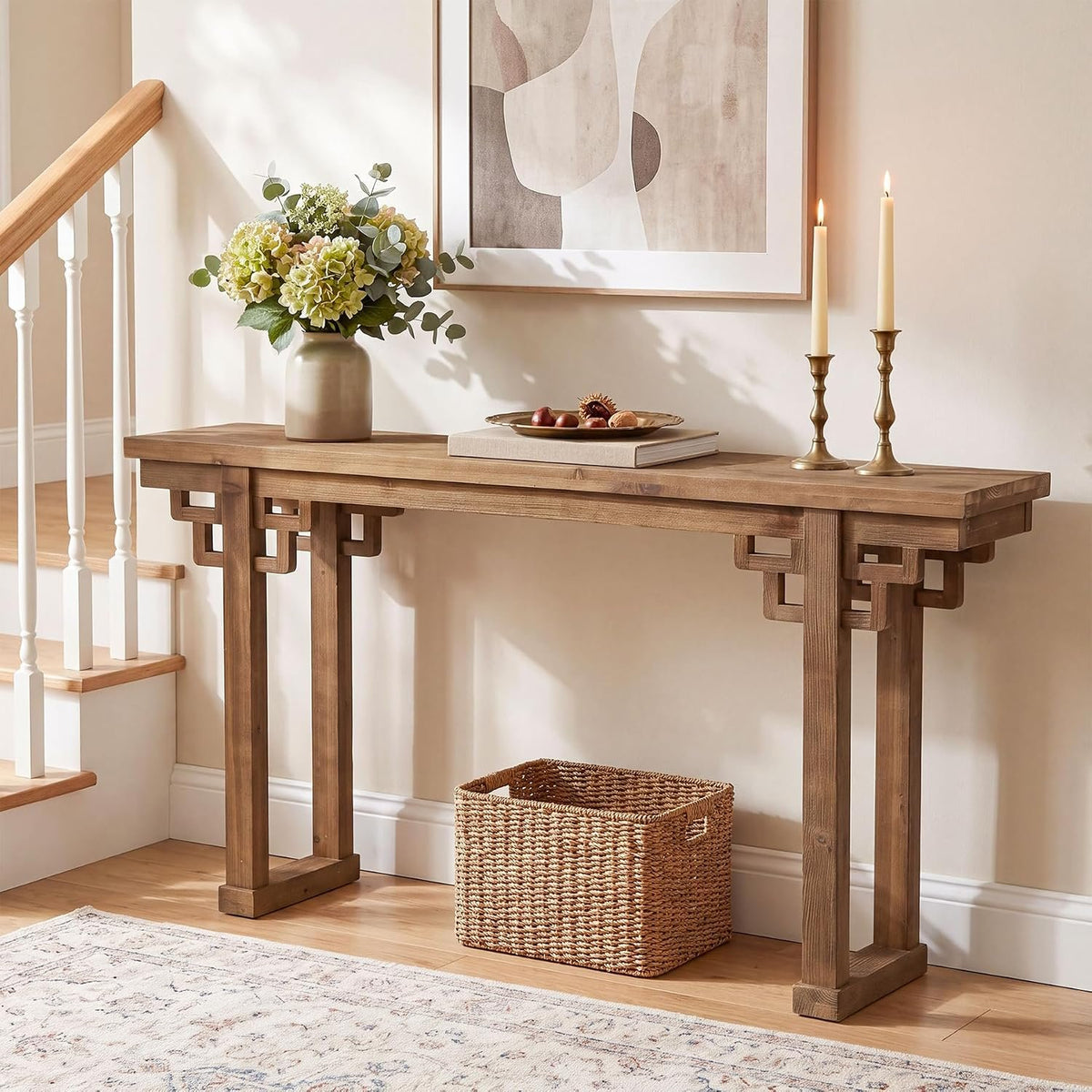 160cm Farmhouse Console Table, Solid Wood Entryway Table with Thick Carved Legs