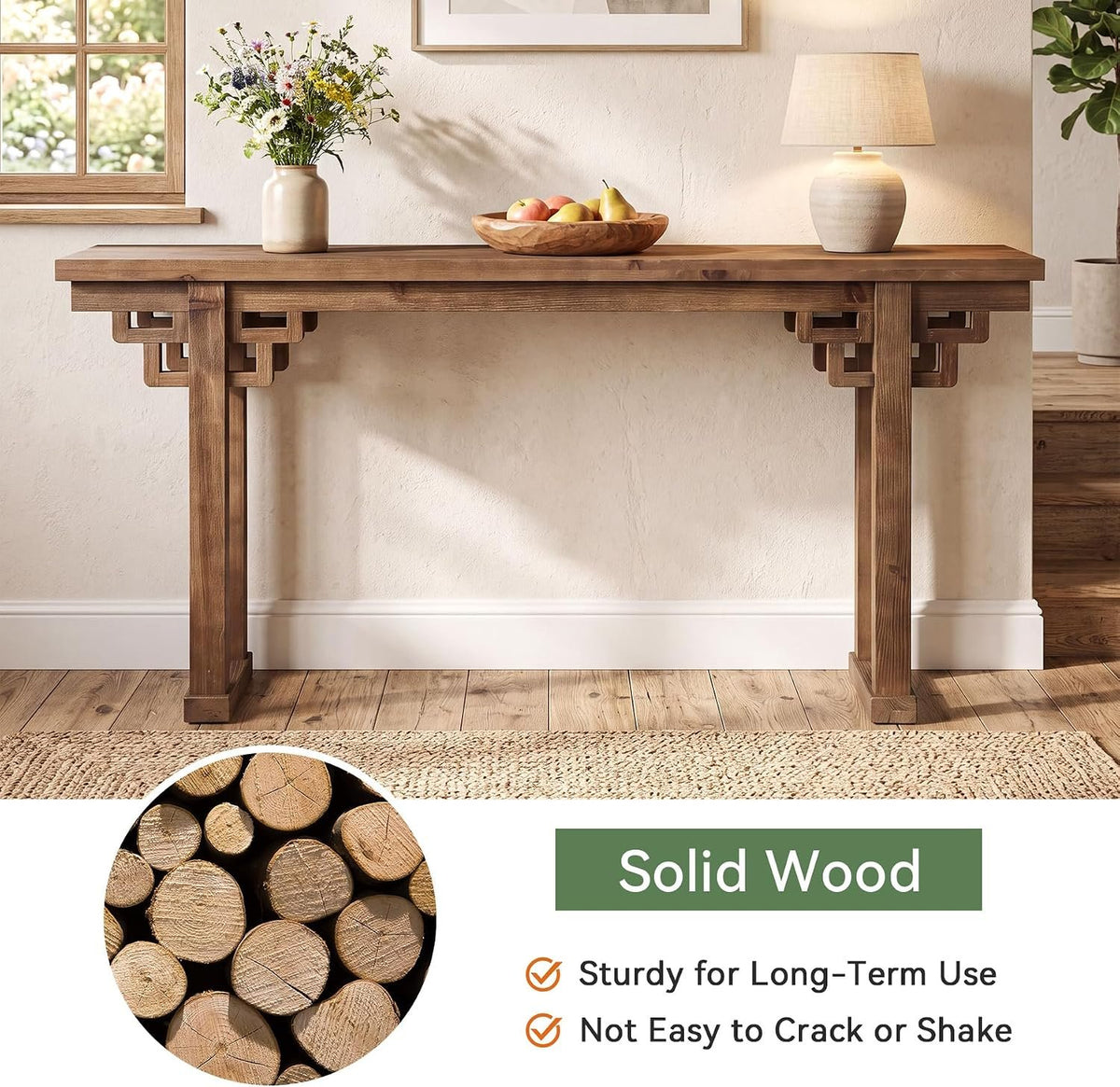 160cm Farmhouse Console Table, Solid Wood Entryway Table with Thick Carved Legs