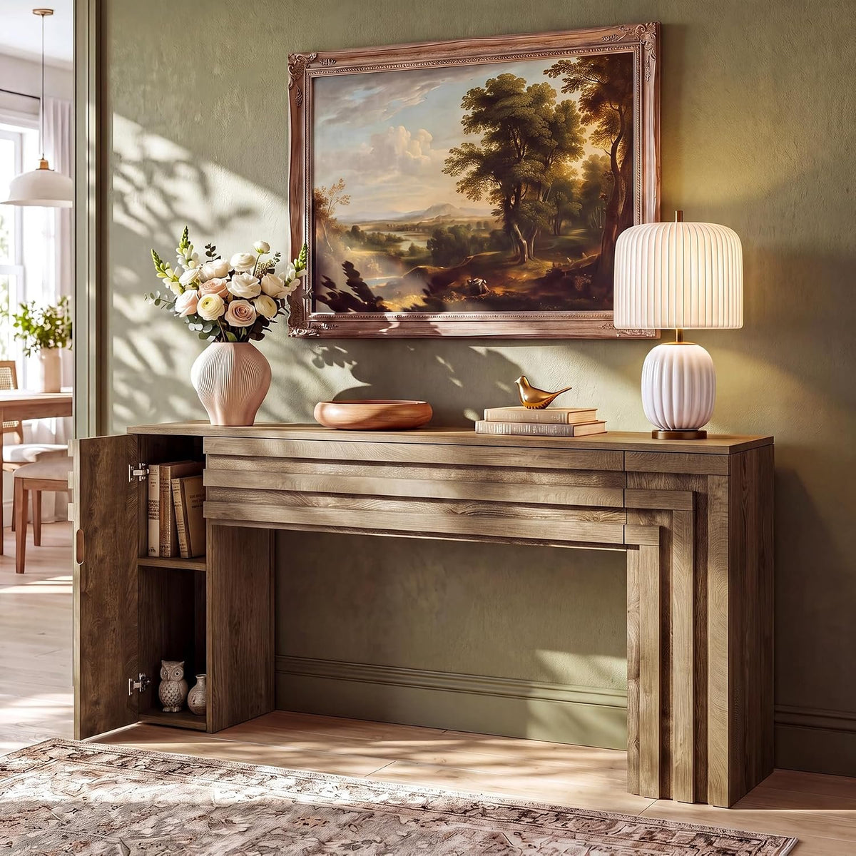 160cm Console Table, Entryway Sofa Table with Storage Cabinet & Layered Geometric Frame