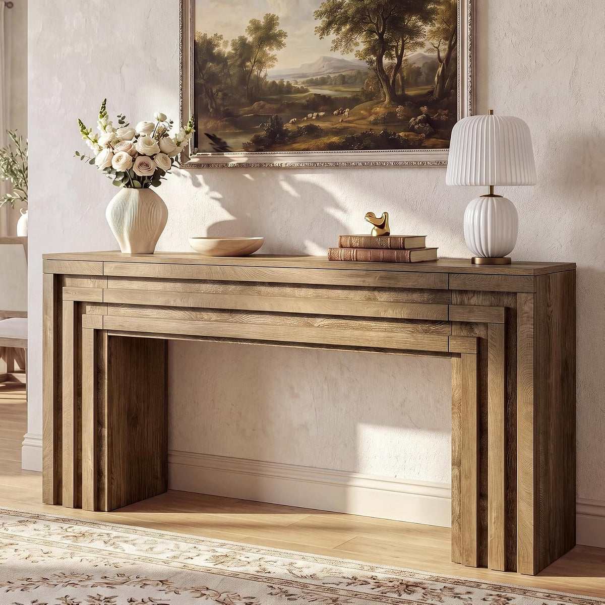 160cm Console Table, Entryway Sofa Table with Storage Cabinet & Layered Geometric Frame