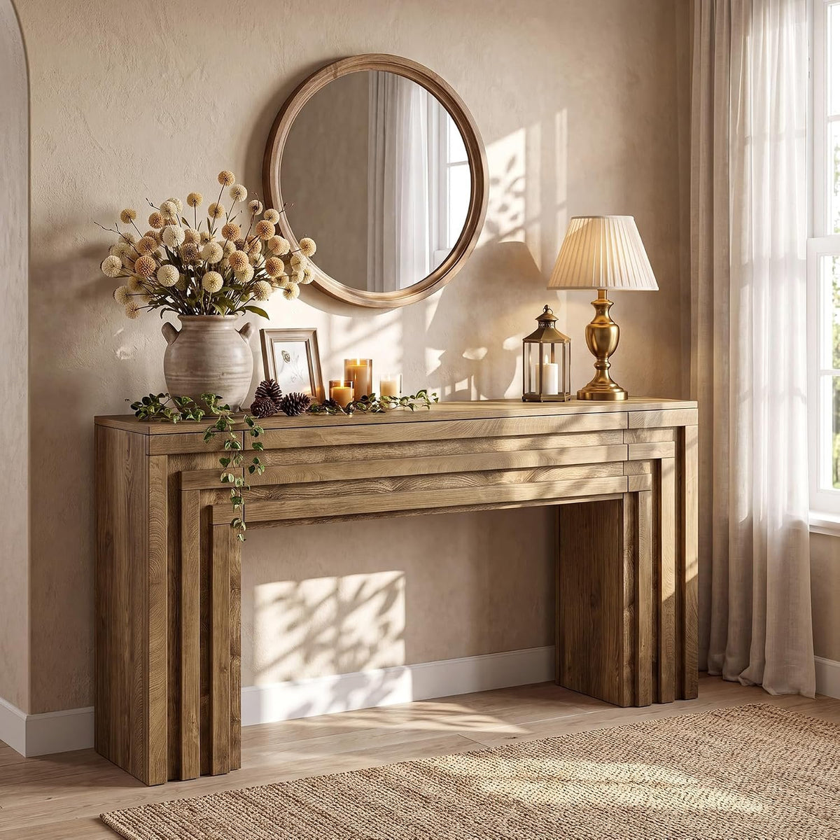 160cm Console Table, Entryway Sofa Table with Storage Cabinet & Layered Geometric Frame