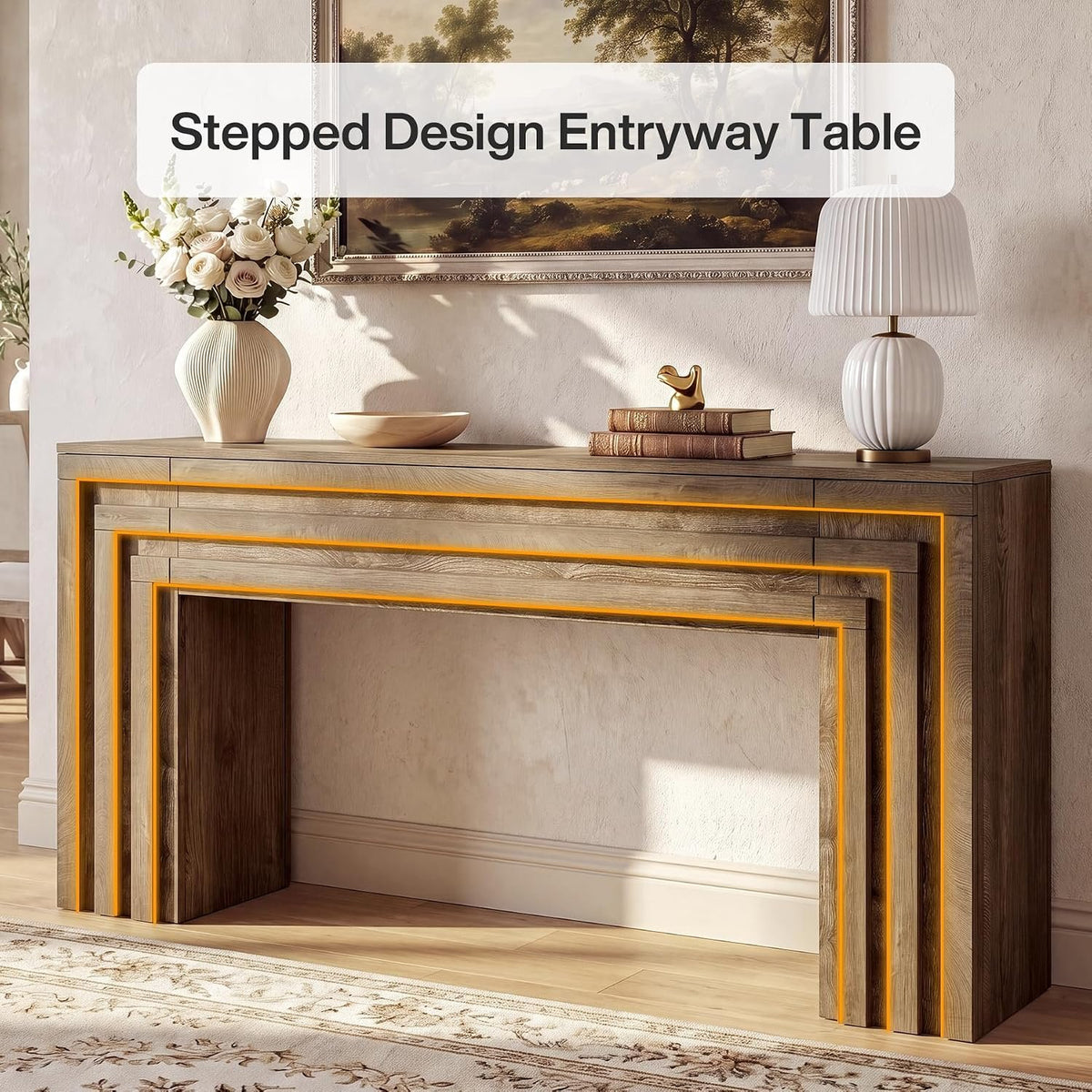 160cm Console Table, Entryway Sofa Table with Storage Cabinet & Layered Geometric Frame
