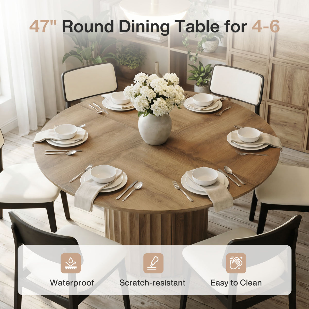 120cm Round Dining Table, Modern Kitchen Table with Fluted Pedestal Base for 4-6