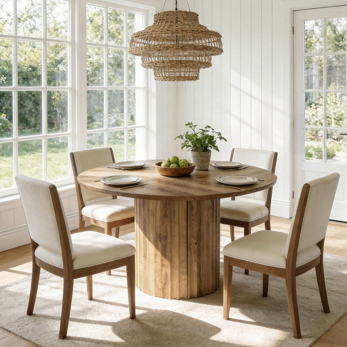 120cm Round Dining Table, Modern Kitchen Table with Fluted Pedestal Base for 4-6