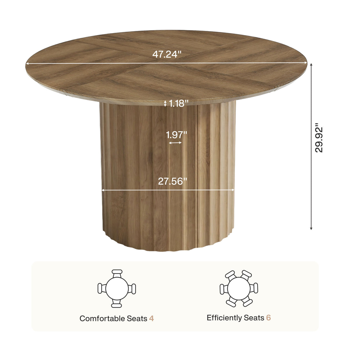 120cm Round Dining Table, Modern Kitchen Table with Fluted Pedestal Base for 4-6