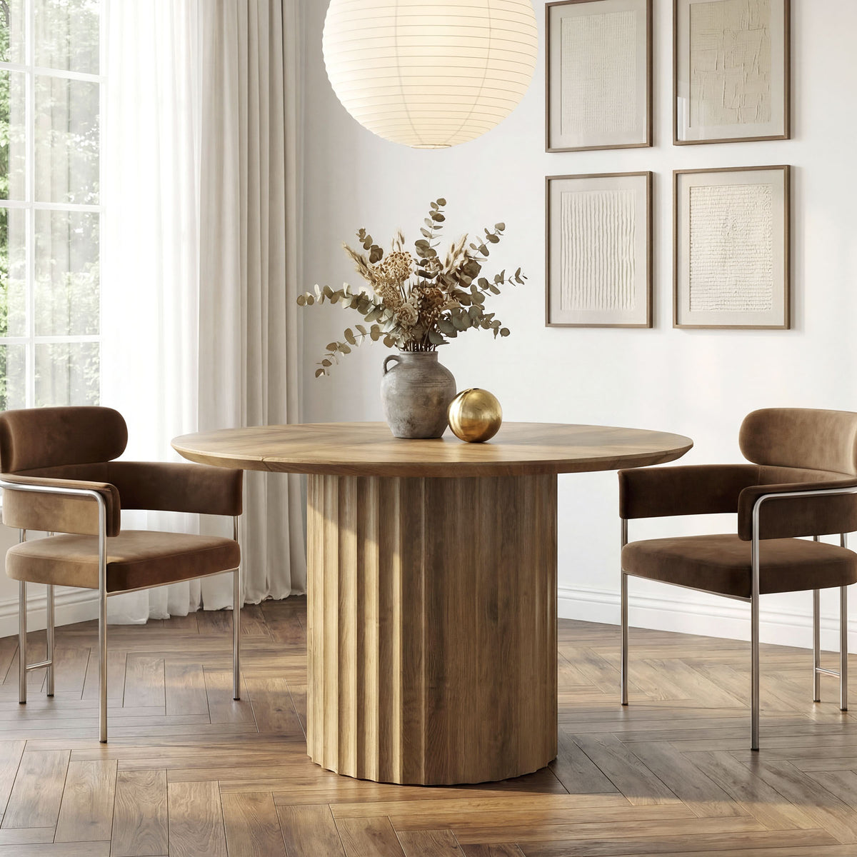 120cm Round Dining Table, Modern Kitchen Table with Fluted Pedestal Base for 4-6