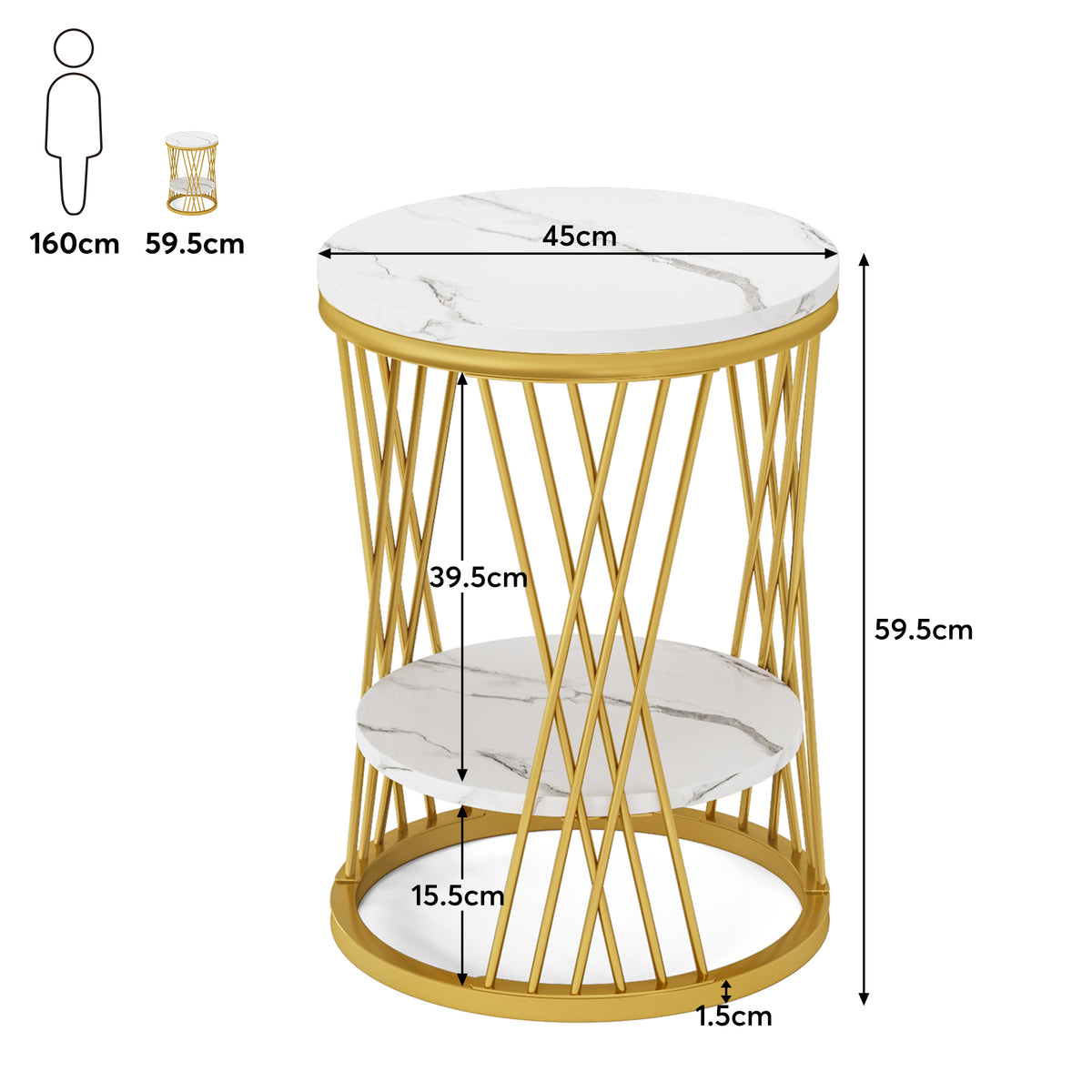 60cm Round End Table, 2-Tier Faux Marble Side Table with Gold Frame