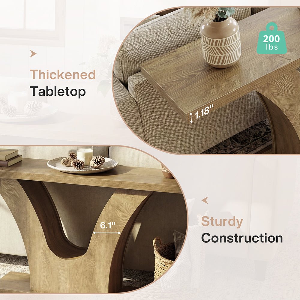 160cm Farmhouse Console Table with 2-Tier Storage, Narrow Sofa Table with Curved U-Shape Base