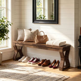 140cm Entryway Bench, Solid Wood Shoe Bench with X-Frame Legs & Open Storage 3