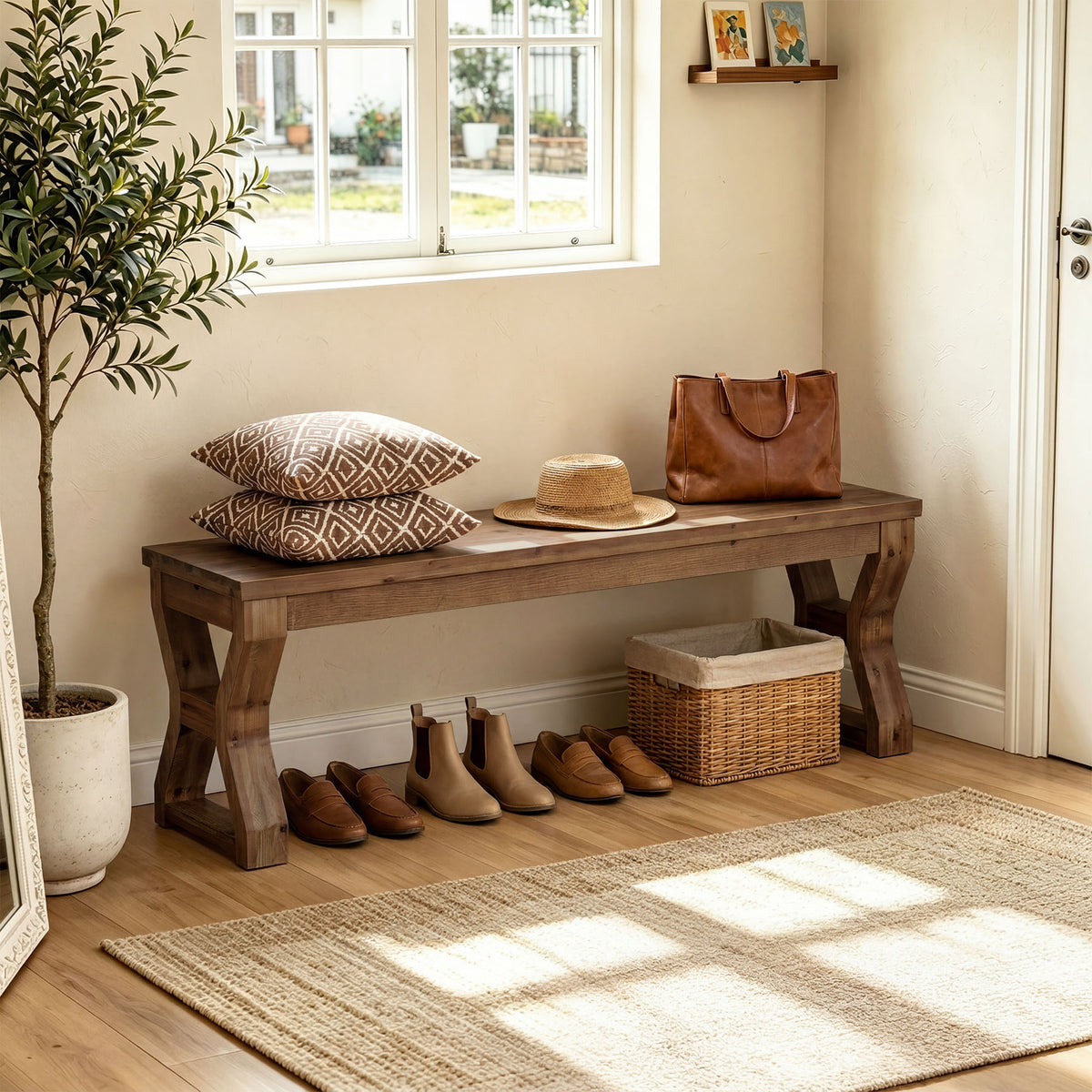 140cm Entryway Bench, Solid Wood Shoe Bench with X-Frame Legs & Open Storage