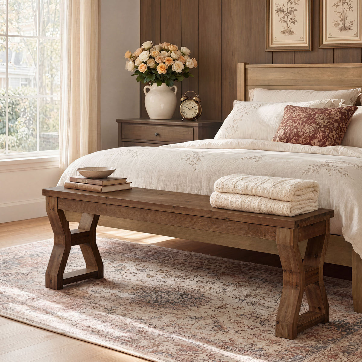 140cm Entryway Bench, Solid Wood Shoe Bench with X-Frame Legs & Open Storage