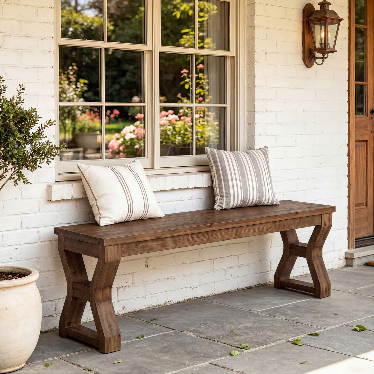 140cm Entryway Bench, Solid Wood Shoe Bench with X-Frame Legs & Open Storage