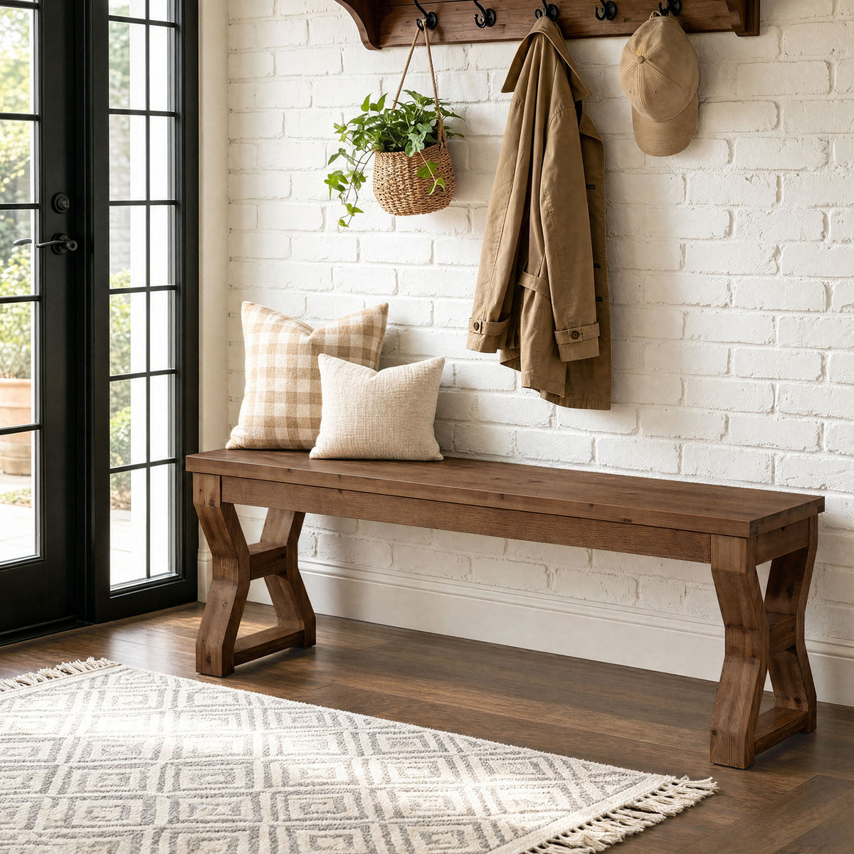 140cm Entryway Bench, Solid Wood Shoe Bench with X-Frame Legs & Open Storage