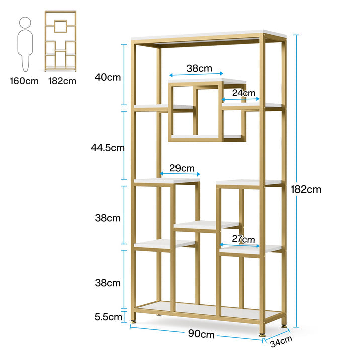 180cm Tall Bookshelf, Modern 11-Tier Display Shelf with Gold Frame