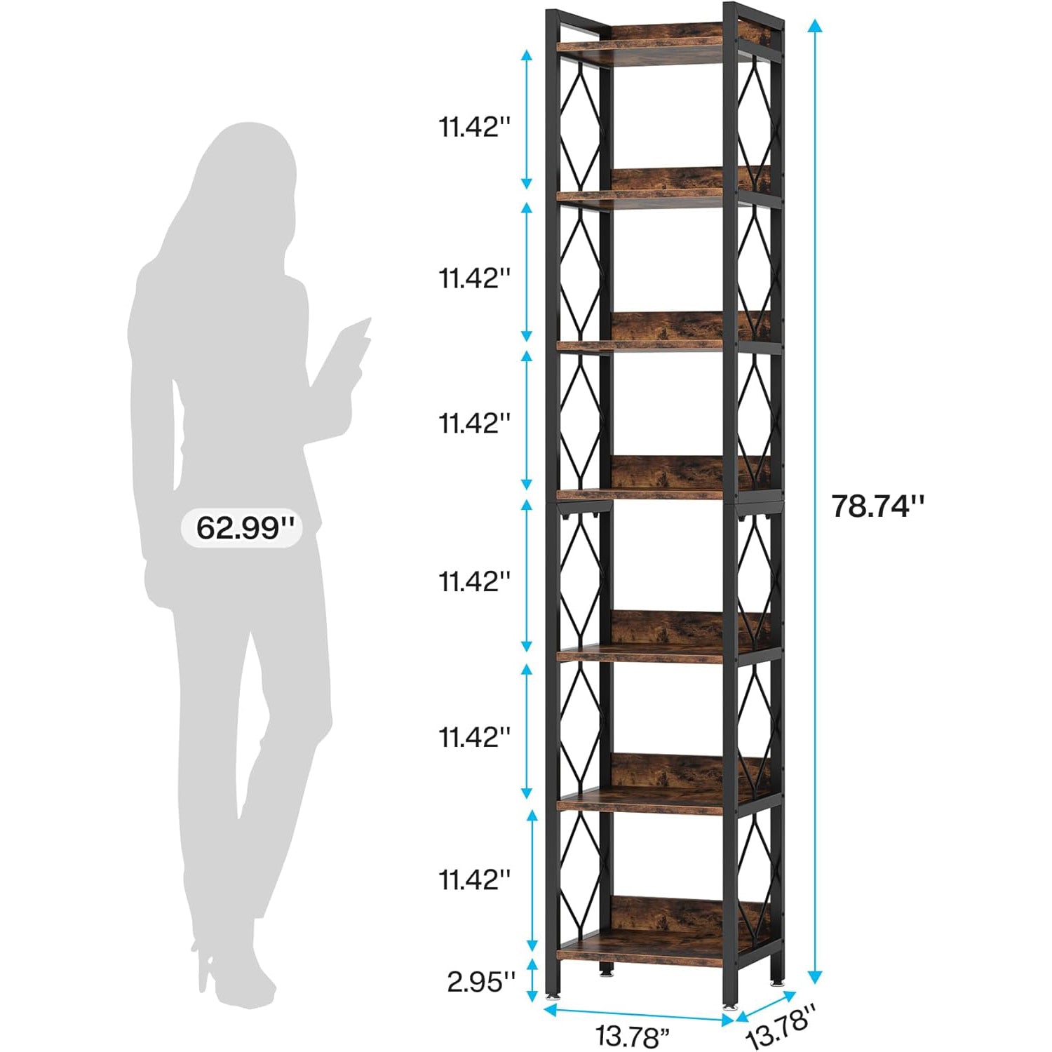 78.7" Modern 7-Tier Corner Shelf, Tall Narrow Bookcase for Corners