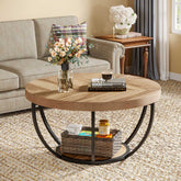 31.69" Round Wooden Coffee Table, 2-Tier Central Cocktail Table with Shelves 3