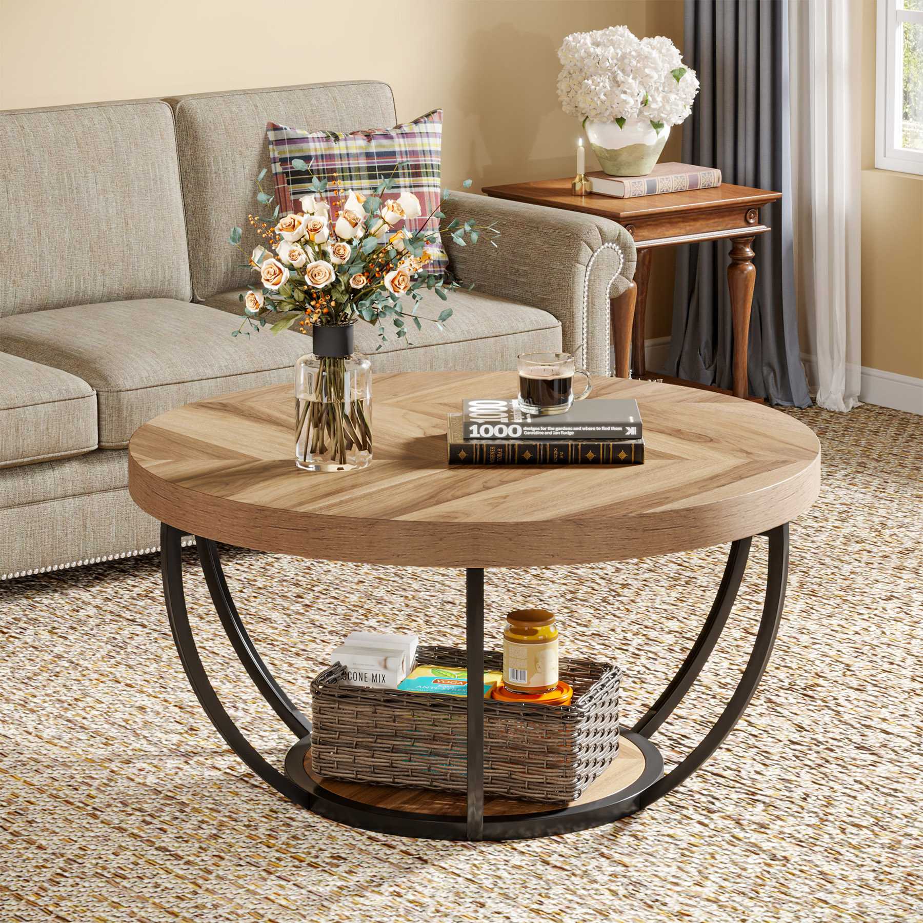 31.69" Round Wooden Coffee Table, 2-Tier Central Cocktail Table with Shelves