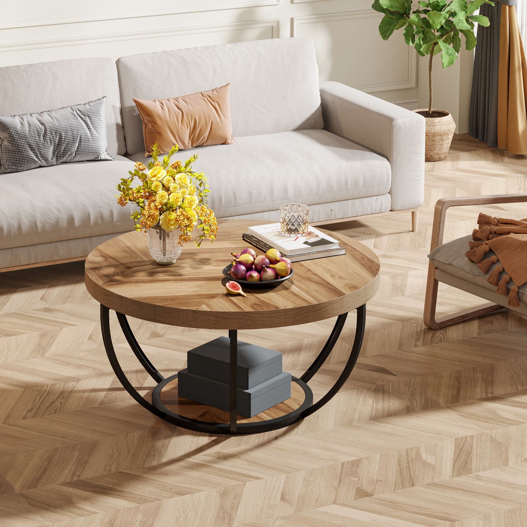 31.69" Round Wooden Coffee Table, 2-Tier Central Cocktail Table with Shelves