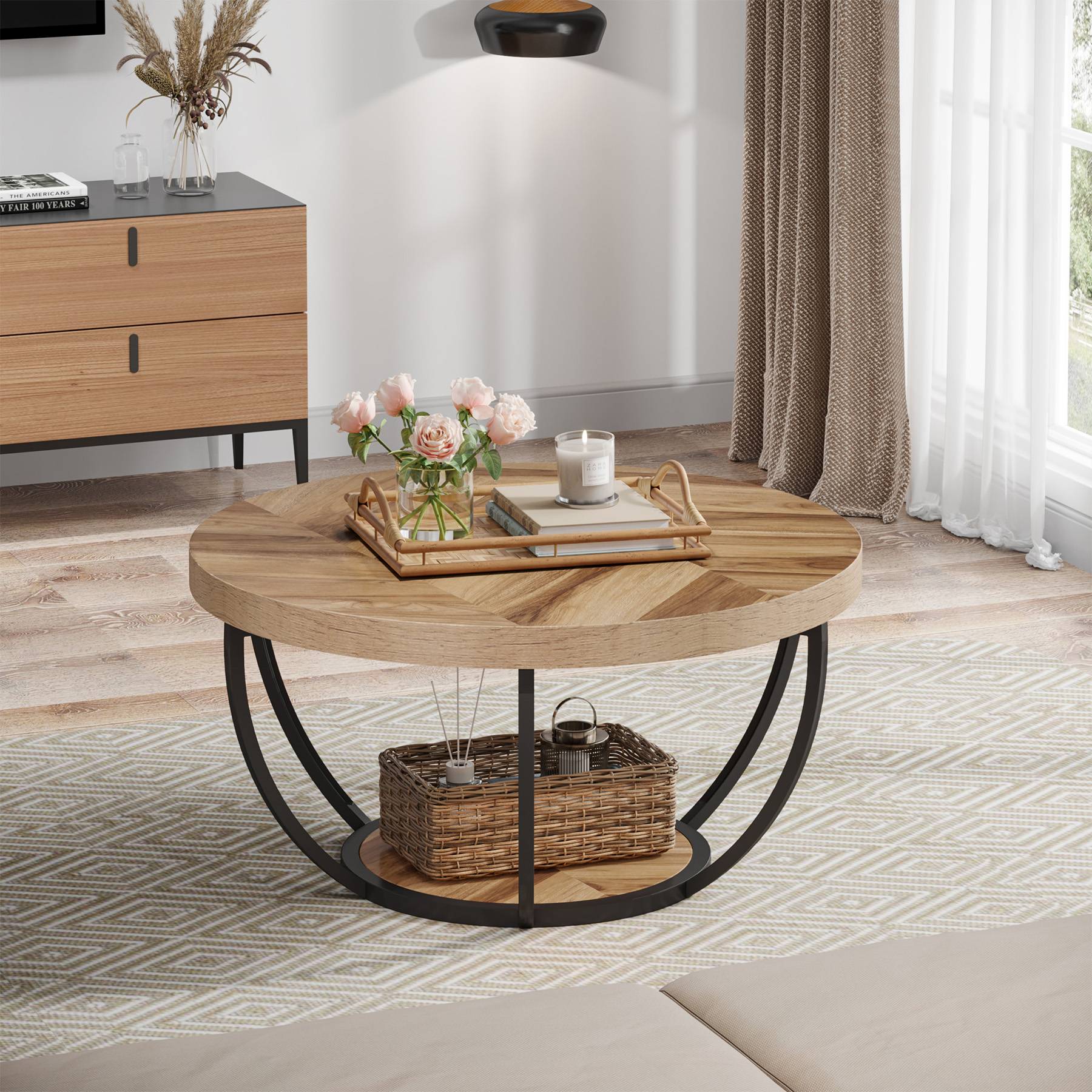 31.69" Round Wooden Coffee Table, 2-Tier Central Cocktail Table with Shelves