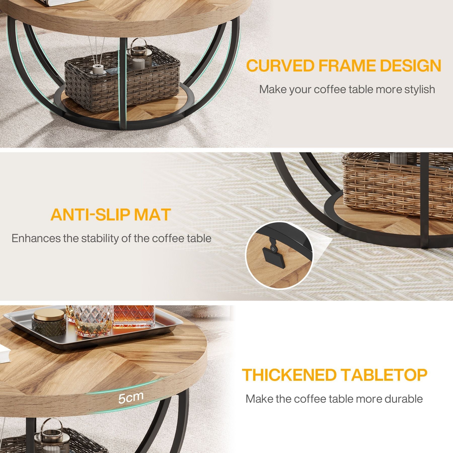 31.69" Round Wooden Coffee Table, 2-Tier Central Cocktail Table with Shelves