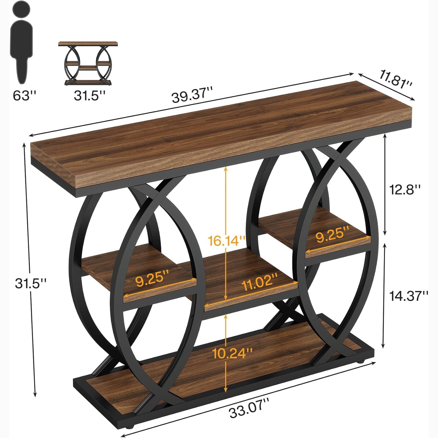 39.4" Console Table, 4-Tier Narrow Sofa Table with Metal Frame & Storage
