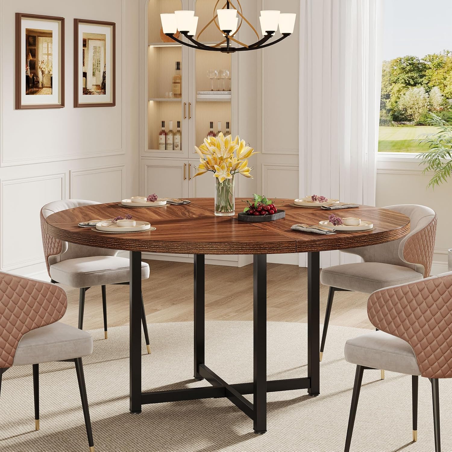 47" Round Dining Table, Heavy-Duty Metal Base, Space-Saving