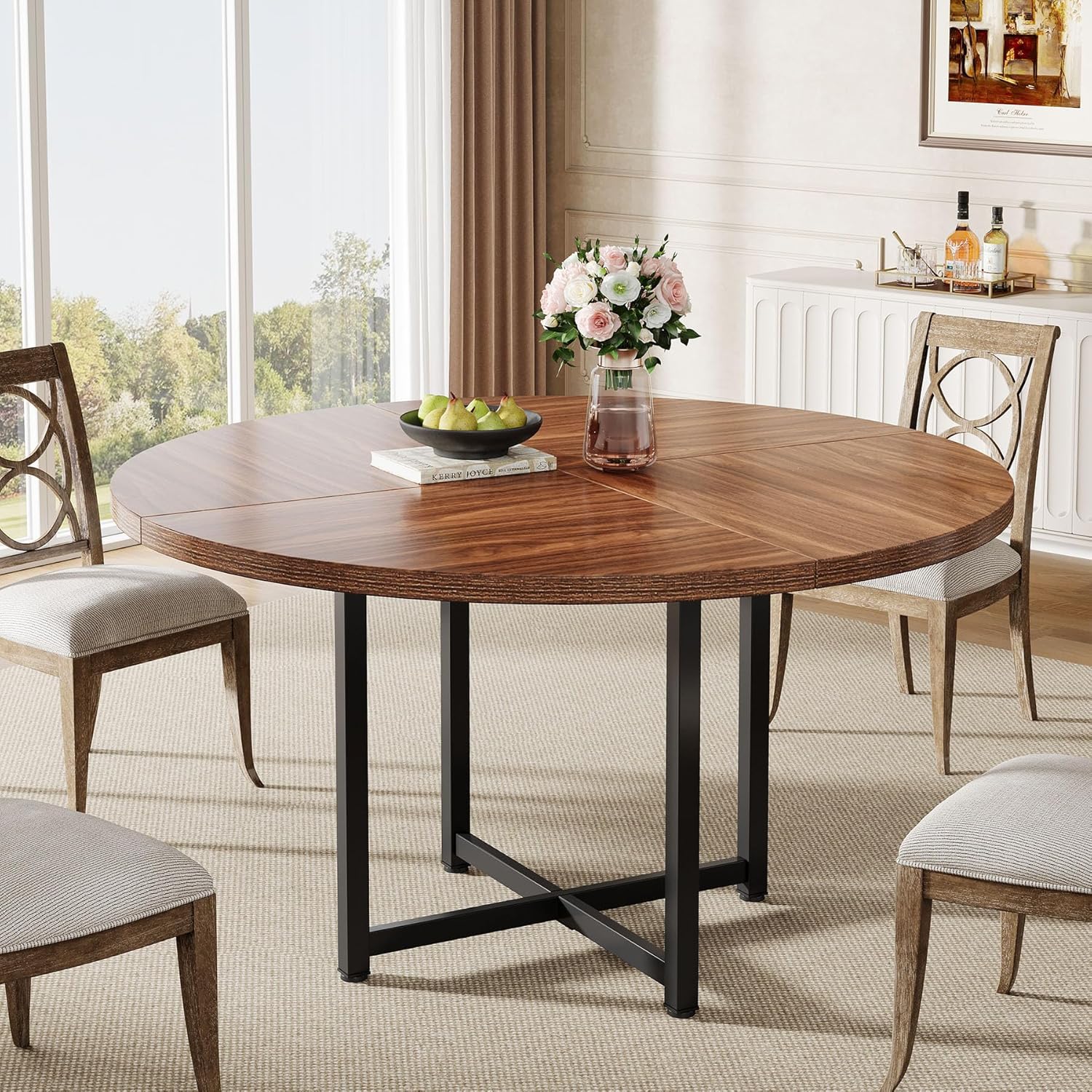 47" Round Dining Table, Heavy-Duty Metal Base, Space-Saving