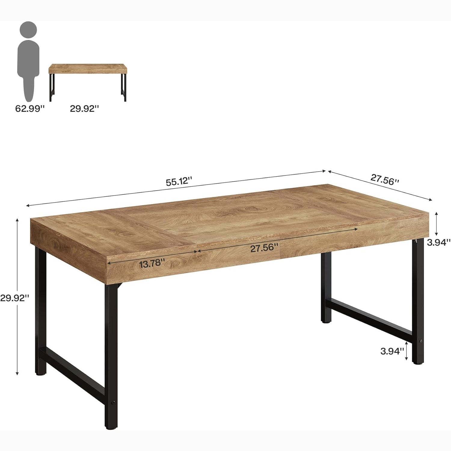 55" Industrial Executive Desk, Rustic Office Desk with Metal Legs, Study & Conference Workstation