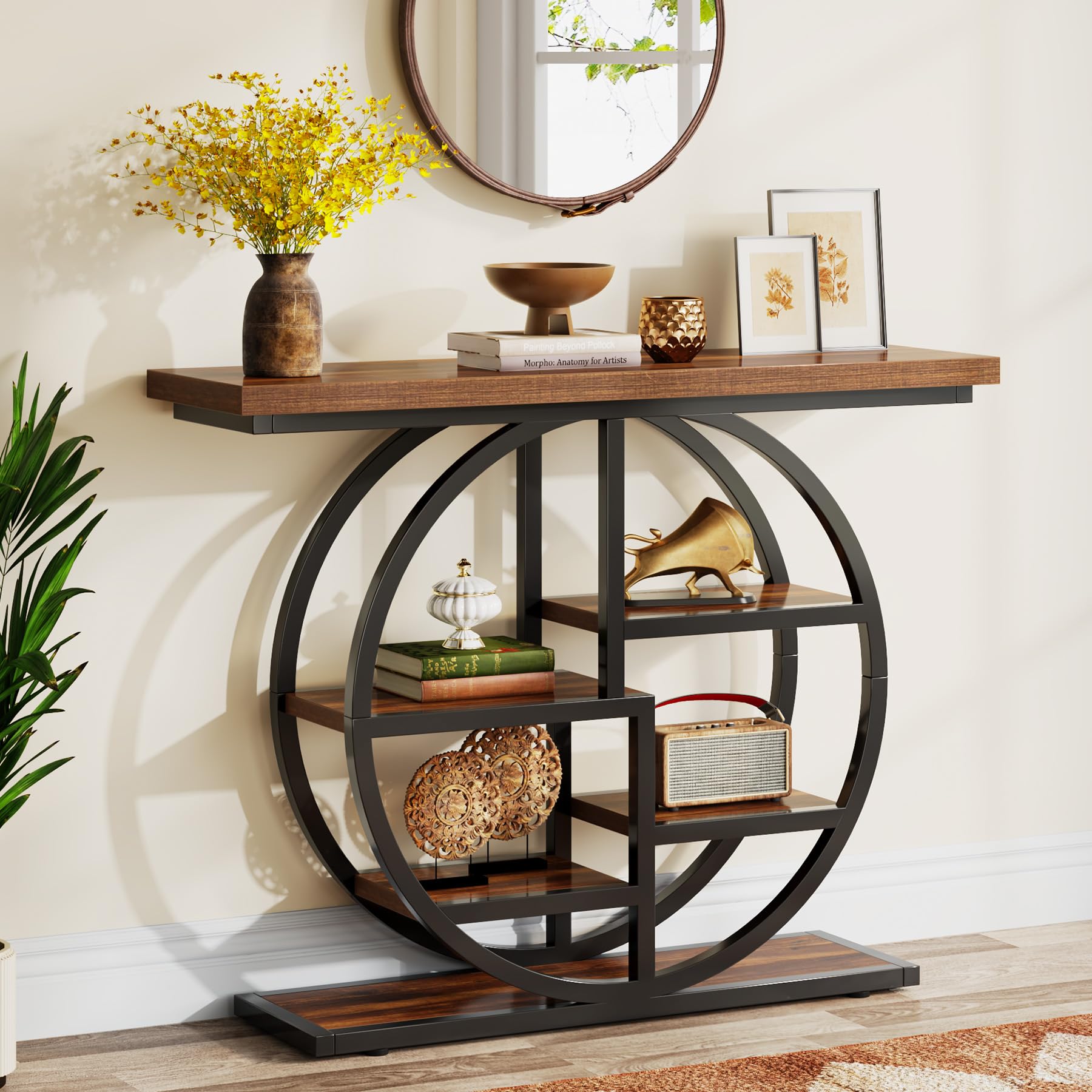 41" Industrial Console Table, Narrow 6-Tier Sofa Entryway Table with Circle Base