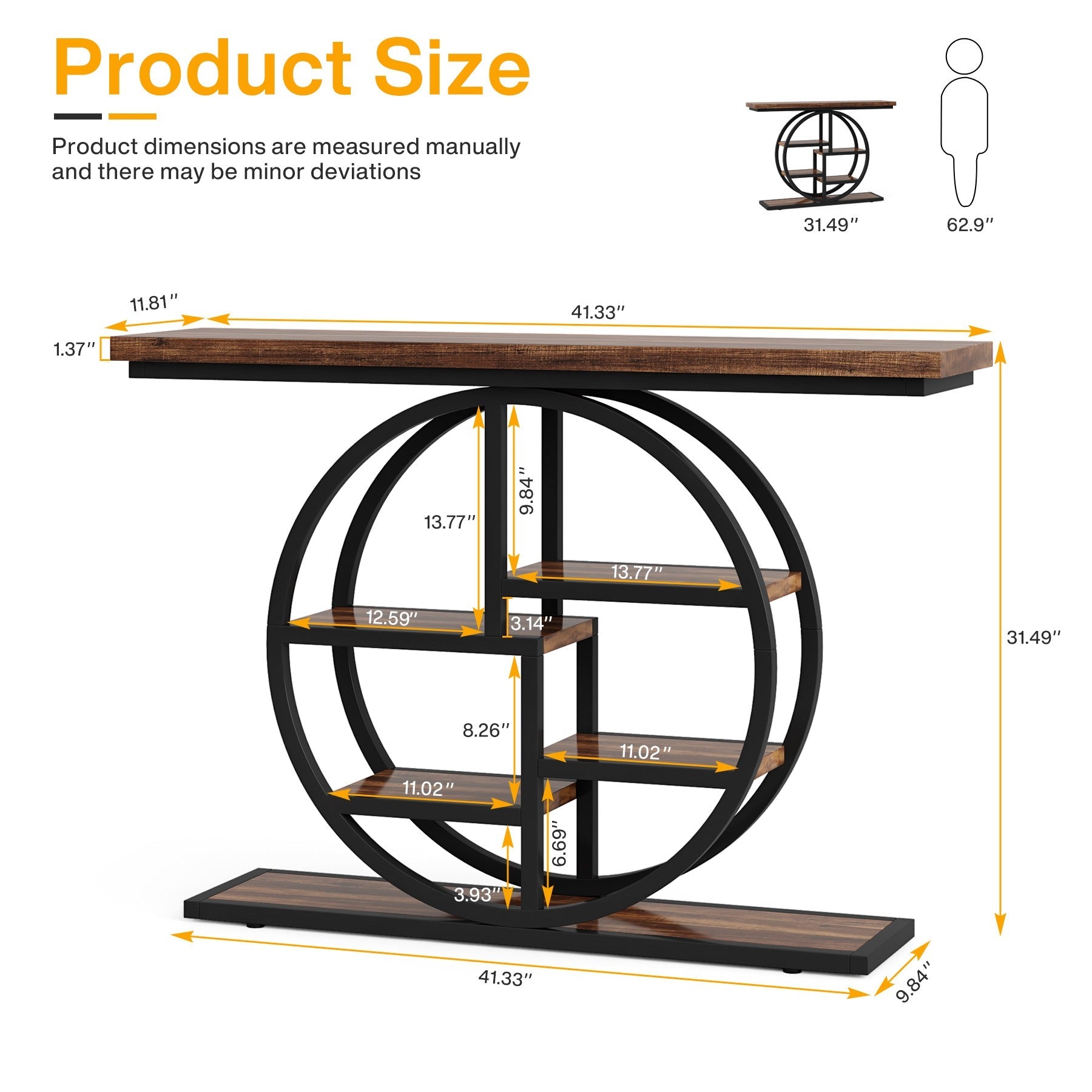 41" Industrial Console Table, Narrow 6-Tier Sofa Entryway Table with Circle Base