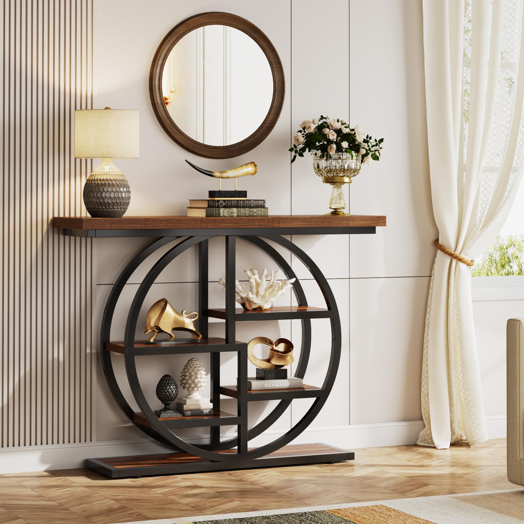 41" Industrial Console Table, Narrow 6-Tier Sofa Entryway Table with Circle Base