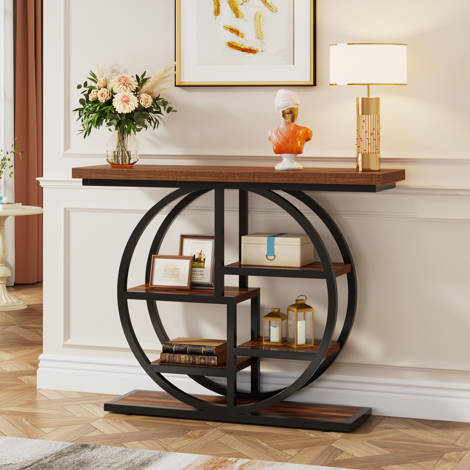 41" Industrial Console Table, Narrow 6-Tier Sofa Entryway Table with Circle Base