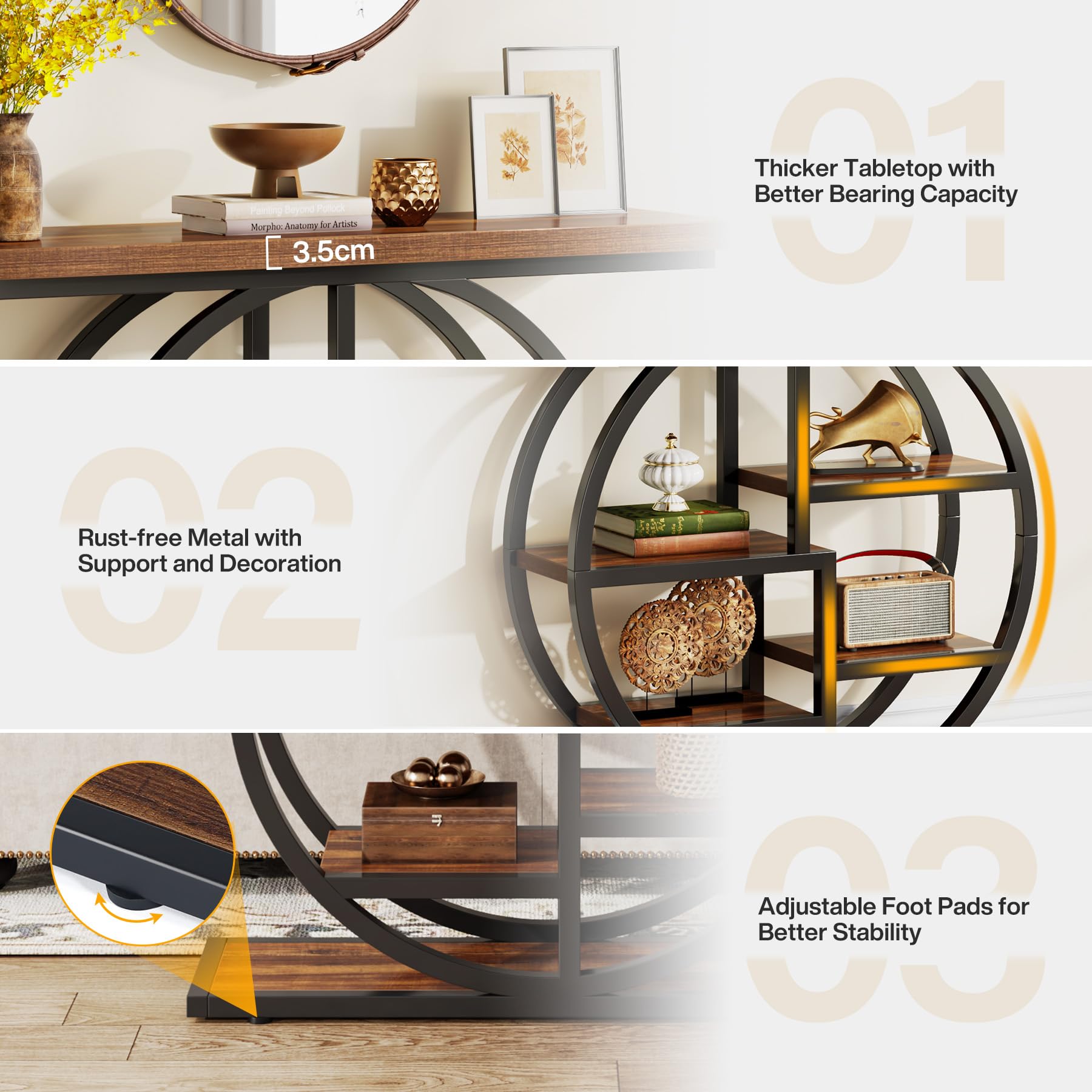 41" Industrial Console Table, Narrow 6-Tier Sofa Entryway Table with Circle Base