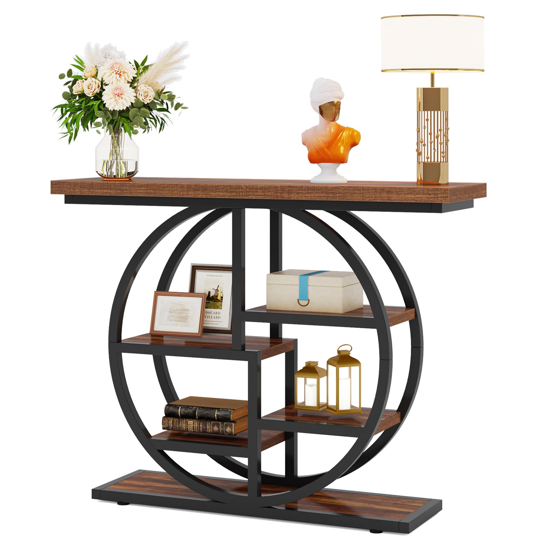 41" Industrial Console Table, Narrow 6-Tier Sofa Entryway Table with Circle Base