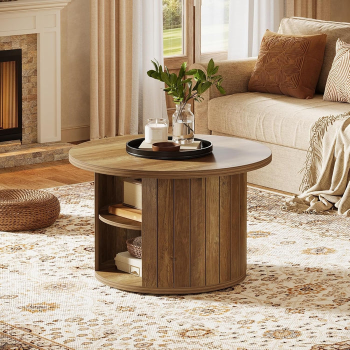 80cm Round Coffee Table, 2-Tier Rustic Wooden Storage Table for Living Room