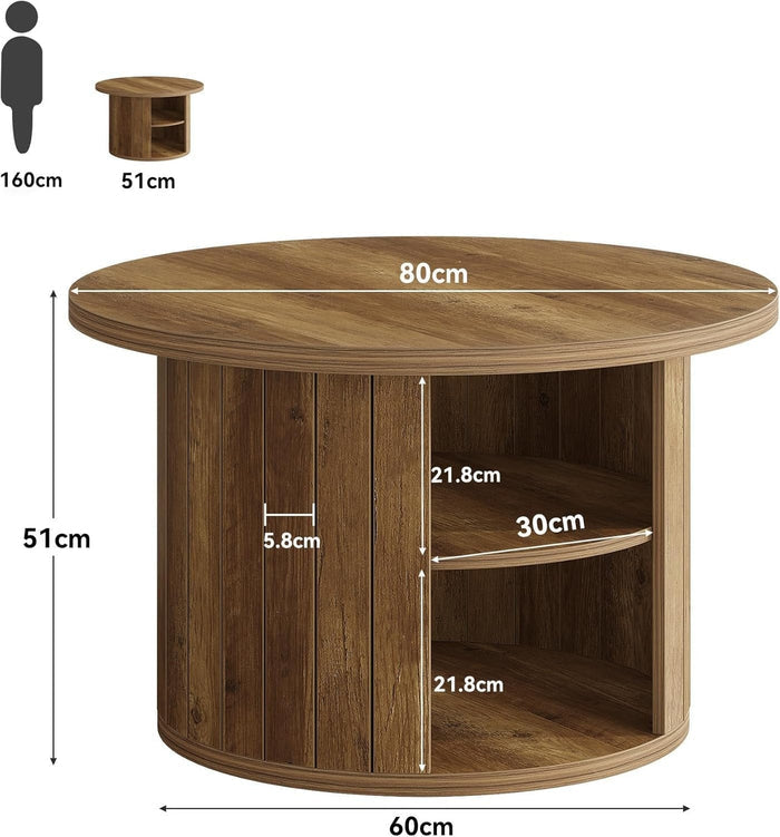 80cm Round Coffee Table, 2-Tier Rustic Wooden Storage Table for Living Room