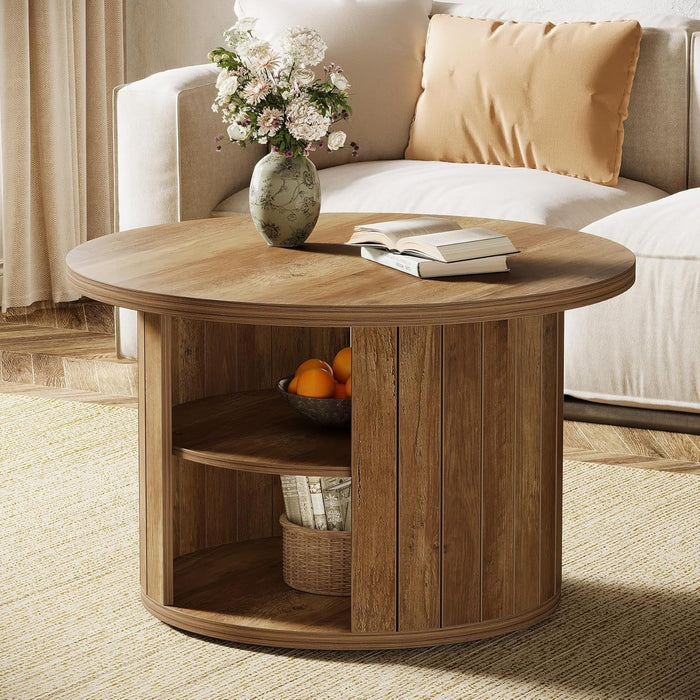 80cm Round Coffee Table, 2-Tier Rustic Wooden Storage Table for Living Room