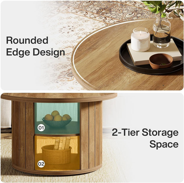 80cm Round Coffee Table, 2-Tier Rustic Wooden Storage Table for Living Room