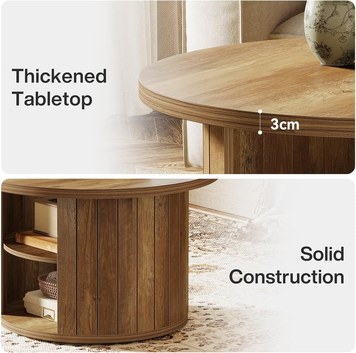 80cm Round Coffee Table, 2-Tier Rustic Wooden Storage Table for Living Room