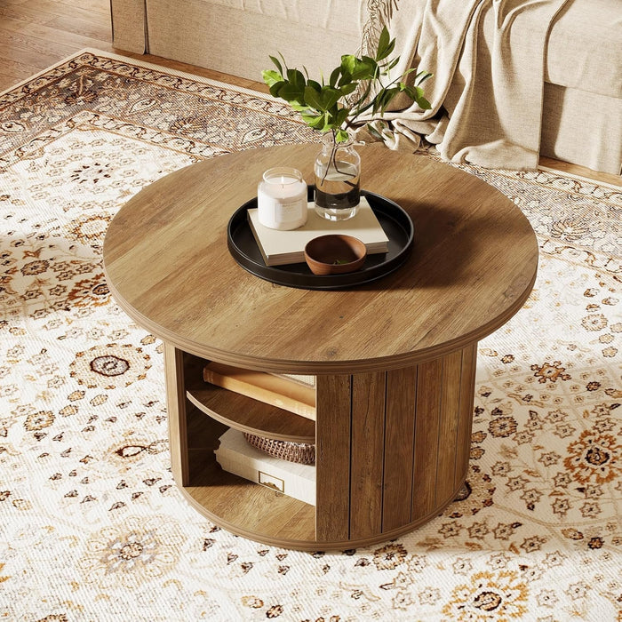 80cm Round Coffee Table, 2-Tier Rustic Wooden Storage Table for Living Room