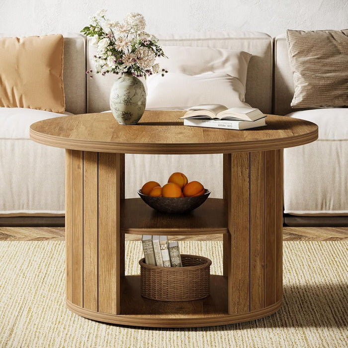 80cm Round Coffee Table, 2-Tier Rustic Wooden Storage Table for Living Room