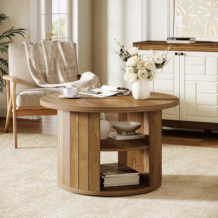 80cm Round Coffee Table, 2-Tier Rustic Wooden Storage Table for Living Room
