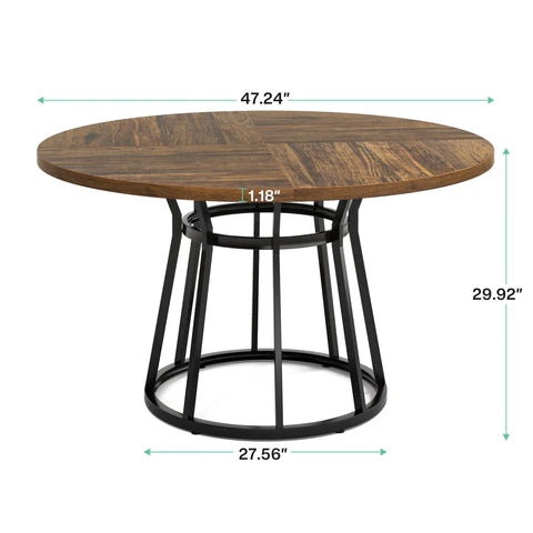 47.2" Round Dining Table for 4 People, Kitchen Dinner Table with Metal Base